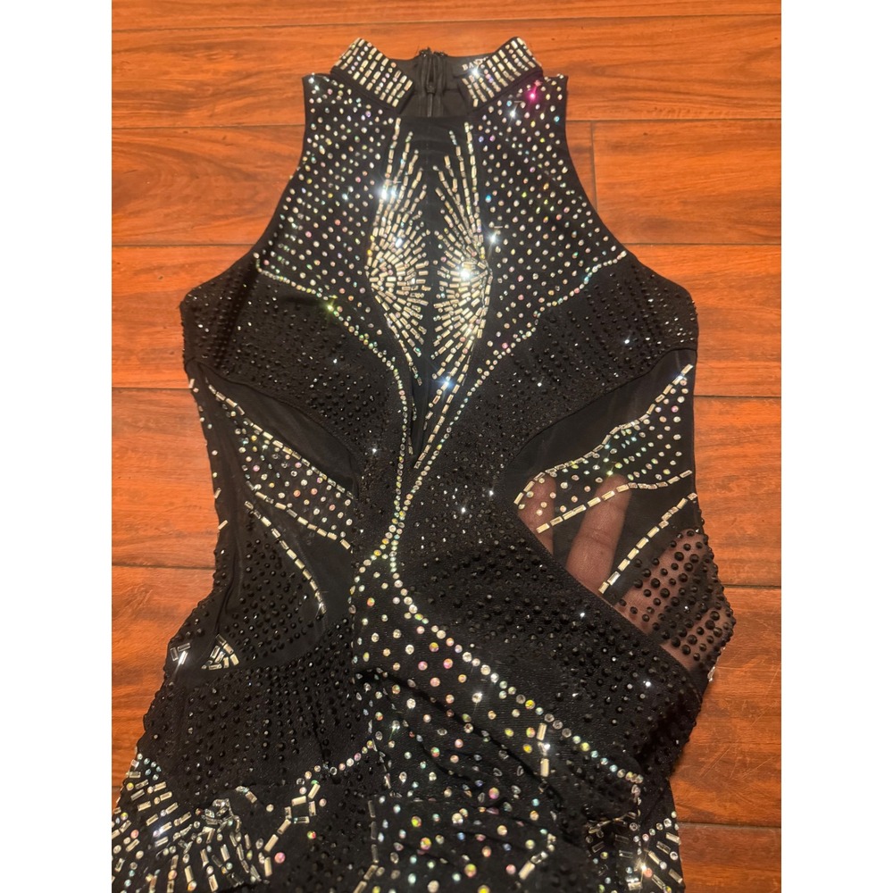 Banjul Black Rhinestone Studded Mesh Mini Dress High Neck Bodycon Sleeveless - Picture 4 of 11